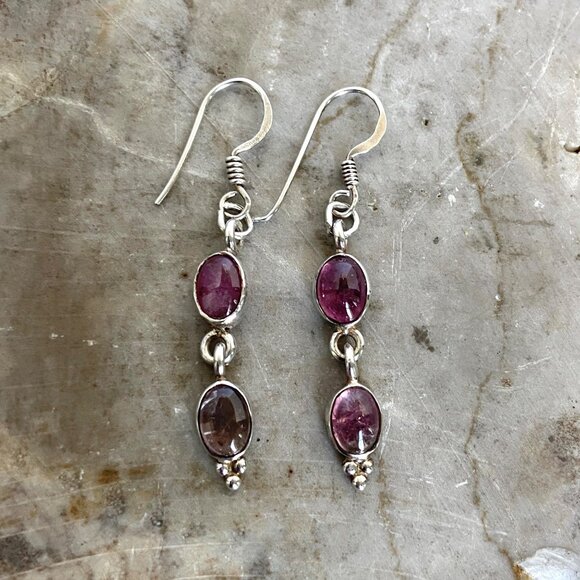 Sterling Silver 925 Dainty Oval Pink Tourmaline Multistone Dangle Drop Earrings - Picture 11 of 16